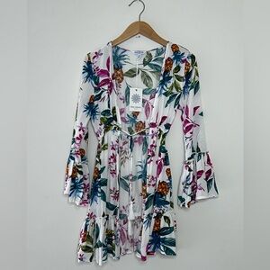 Blue Island White Floral Beach Cover-Up Drawstring Waist Tie w/Tassel size XS